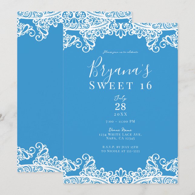 Aqua Blue & White Lace Elegant Sweet 16 Party  Invitation (Front/Back)