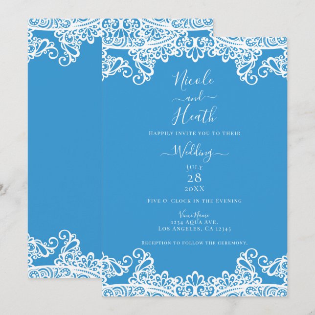 Aqua Blue & White Lace Elegant Wedding  Invitation (Front/Back)