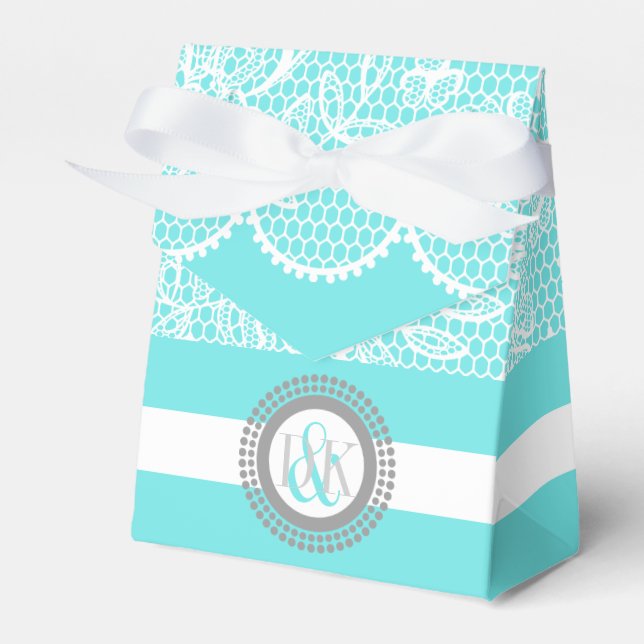 Aqua blue, white lace pattern initials wedding favour box (Front Side)