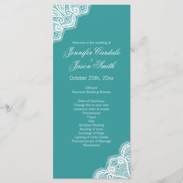 Aqua Blue White Lace Vertical Wedding Programs Programme (Front)