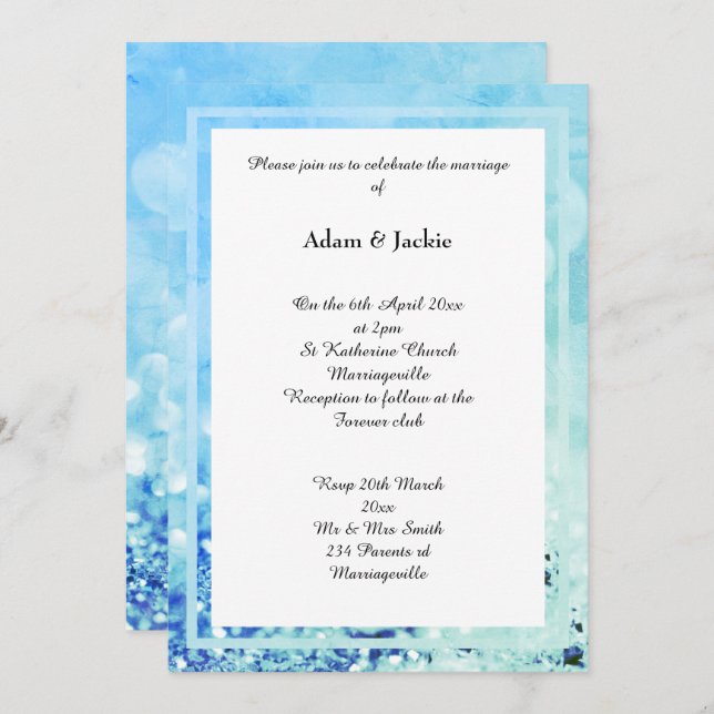 AQUA BLUE WHITE LAYER BOKEH PRINT WEDDING INVITATION (Front/Back)