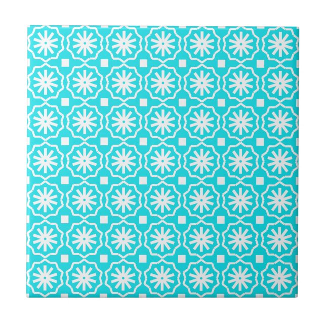 Aqua blue white modern geometric floral pattern tile (Front)