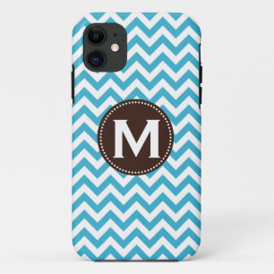 Aqua Blue White Monogram Chevron Pattern iPhone 11 Case