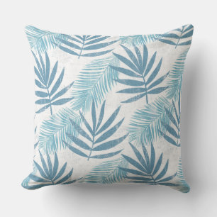 Aqua Blue White Palm Leaf Throw Pillow