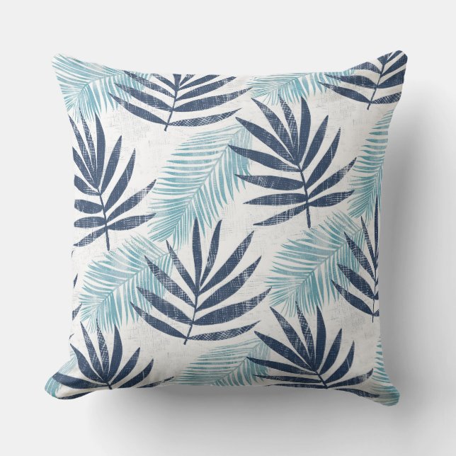 Aqua Blue White Palm Leaf Throw Pillow (Front)