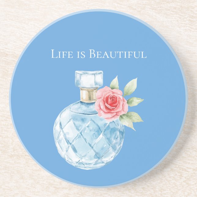 Aqua Blue White Perfume Bottle Rose Coaster (Front)