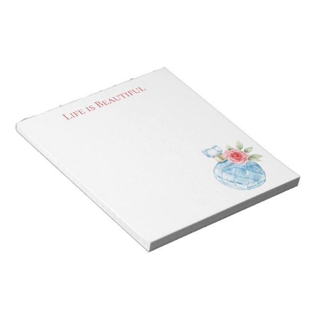 Aqua Blue White Perfume Bottle Rose Notepad (Angled)