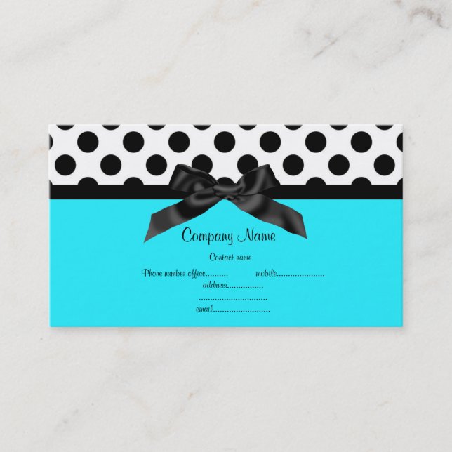 AQUA BLUE WHITE POLKA DOT BOW BUSINESS CARD (Front)