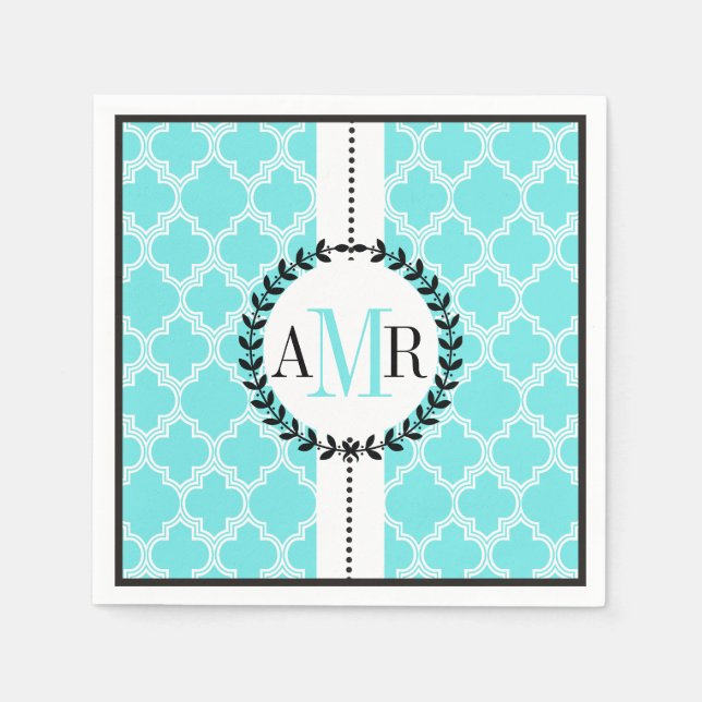 Aqua blue, white quatrefoil pattern wedding napkin (Front)