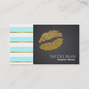 Aqua Blue White Stripes Faux Gold Shine Lips Business Card