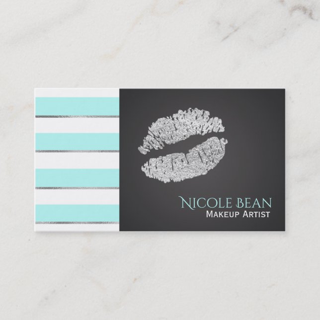 Aqua Blue White Stripes Faux Silver Shine Lips Business Card (Front)