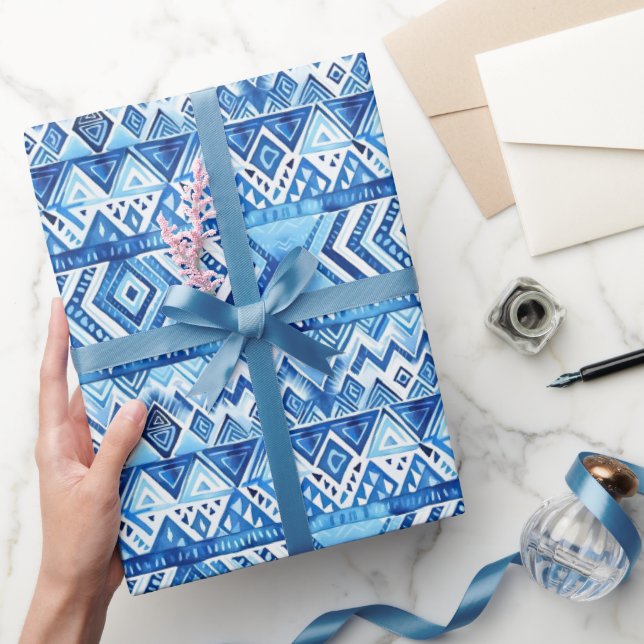 Aqua Blue White Tribal Stripes Birthday Wrapping Paper (Gifting)