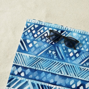 Aqua Blue White Tribal Stripes Dots Beach Towel