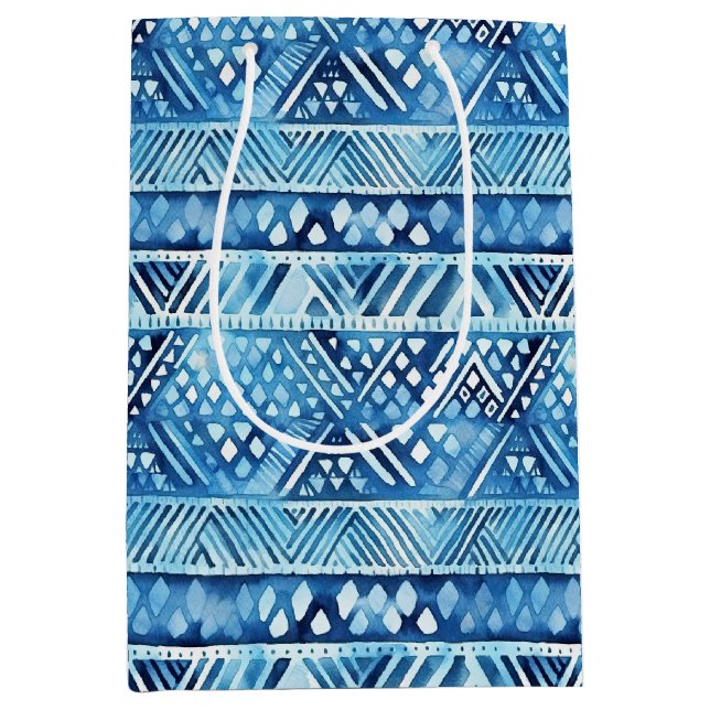 Aqua Blue White Tribal Stripes Dots Birthday Medium Gift Bag (Front)