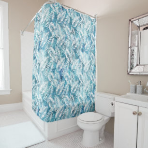Aqua Blue White Tropical Leaves Shower Curtain