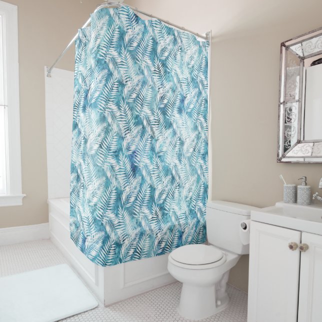 Aqua Blue White Tropical Leaves Shower Curtain (In Situ)