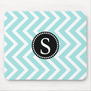Aqua Blue & White Zigzag Pattern Black Monogram Mouse Mat
