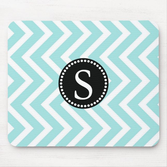 Aqua Blue & White Zigzag Pattern Black Monogram Mouse Mat (Front)