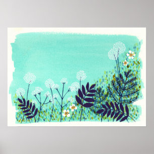 Aqua Blue Wild Field Artist Watercolor Painting Poster