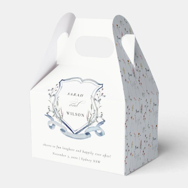 Aqua Blue Wildflower Watercolor Crest Wedding Favour Box (Front Side)