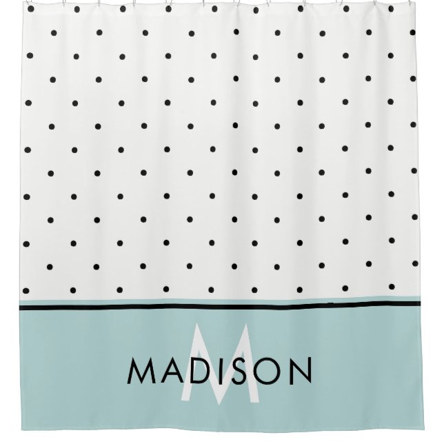 Aqua Blue with Black and White Polka Dots Shower Curtain (Front)