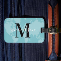 Aqua Blue World Map Script Monogram