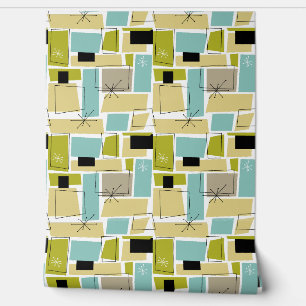 Aqua Blue Yellow Abstract Rectangles Mid Century Wallpaper