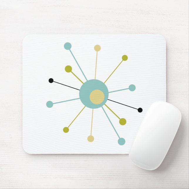 Aqua Blue Yellow Atomic Age Starburst Mid Century Mouse Mat (With Mouse)