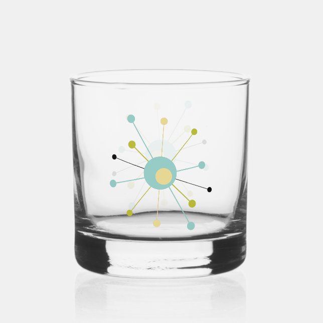 Aqua Blue Yellow Atomic Age Starburst Mid Century Whiskey Glass (Front)