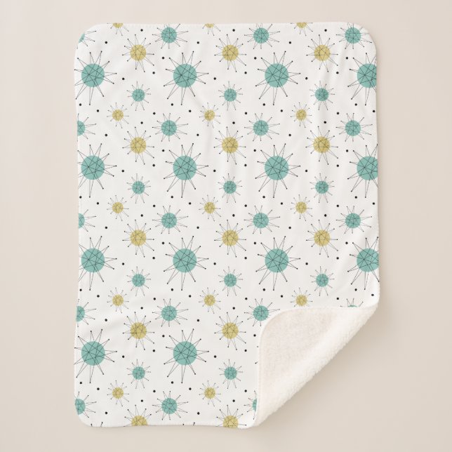 Aqua Blue Yellow Atomic Pattern Mid Century Modern Sherpa Blanket (Front)