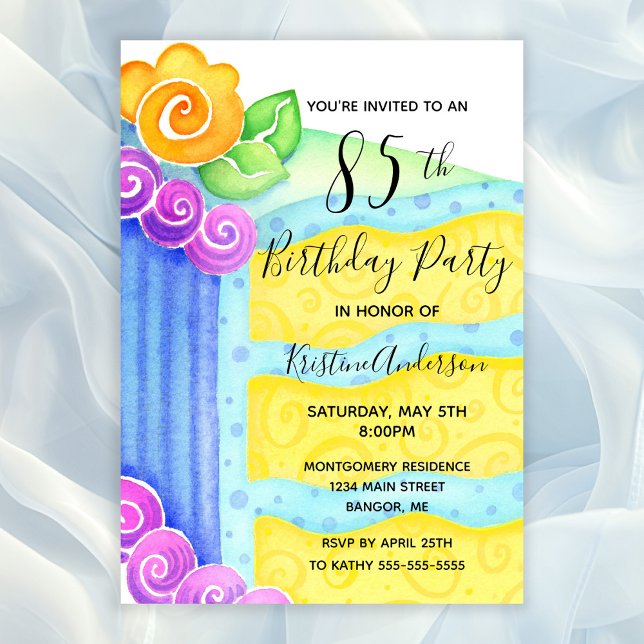 Aqua Blue Yellow Cake Floral 85th Birthday Party  Invitation (85th Birthday Party Invitation with a piece of cake decorated with aqua blue frosting)