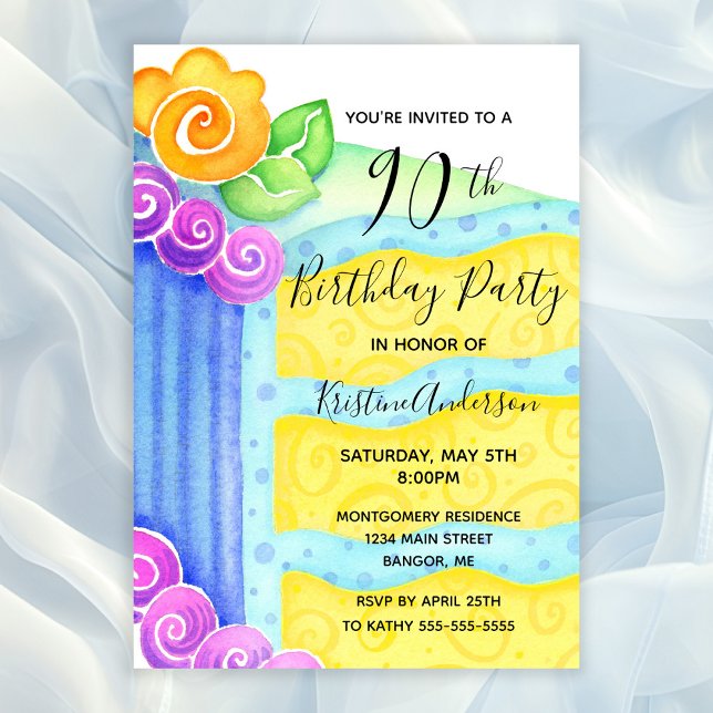 Aqua Blue Yellow Cake Floral 90th Birthday Party  Invitation (90th Birthday Party Invitation with a piece of cake decorated with aqua blue frosting)