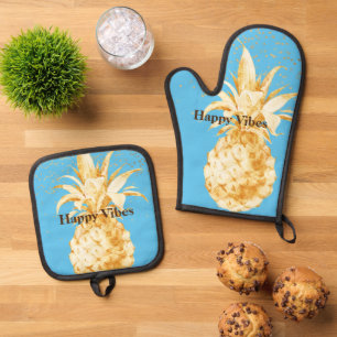 Aqua Blue Yellow Gold Pineapple Oven Mitt & Pot Holder Set