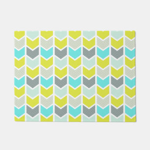 Aqua Blue Yellow Grey Geometric Chevron Pattern Doormat