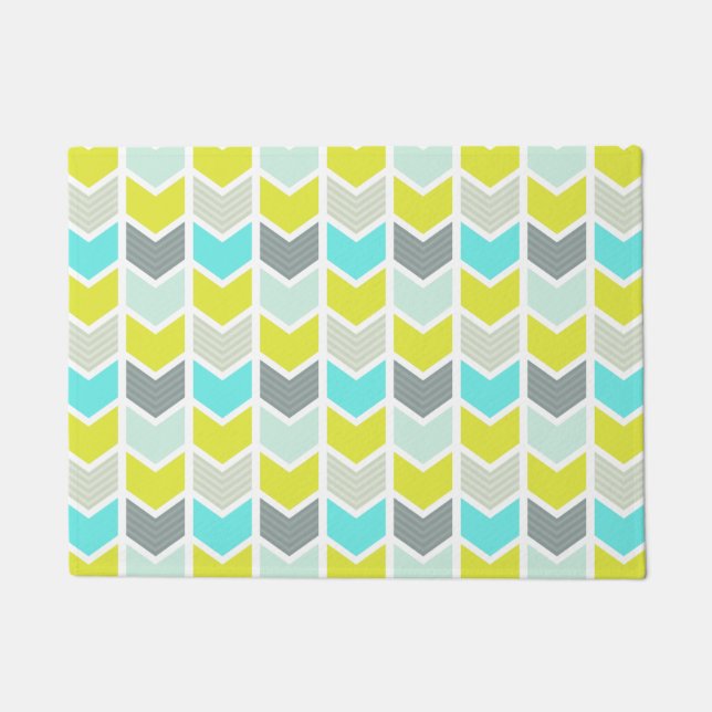 Aqua Blue Yellow Grey Geometric Chevron Pattern Doormat (Front)