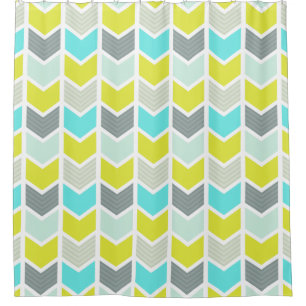 Aqua Blue Yellow Grey Geometric Chevron Pattern Shower Curtain