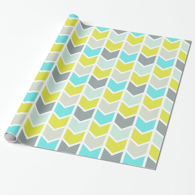 Aqua Blue Yellow Grey Geometric Chevron Pattern Wrapping Paper (Unrolled)