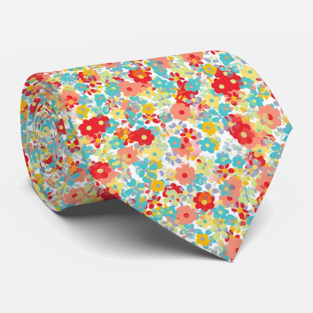 Aqua Blue Yellow Peach Red Summer Floral Pattern Tie (Rolled)