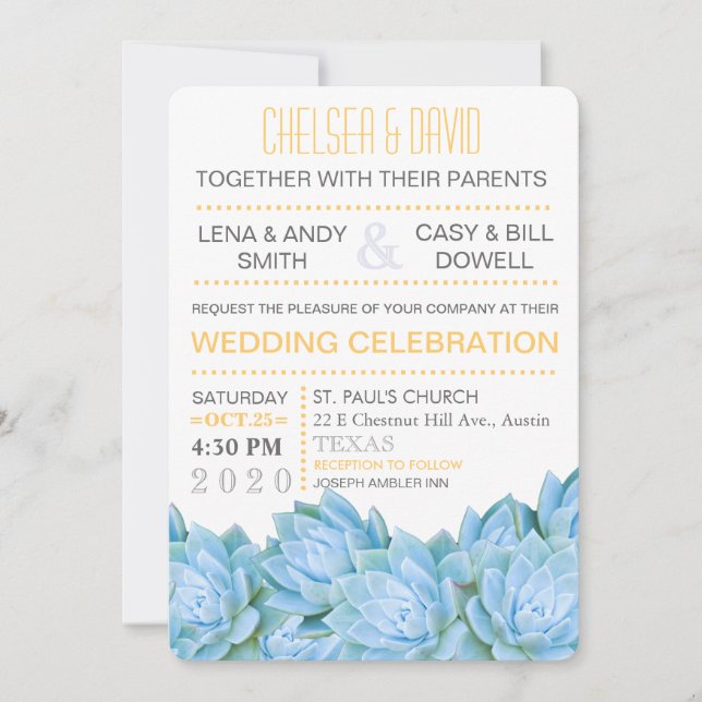 Aqua Blue & Yellow Succulent Modern Chic Wedding Invitation (Front)