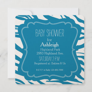 Aqua Blue Zebra Print baby shower Invitation