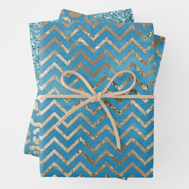 Aqua Blue Zig Zag and Leopard Wrapping Paper Sheet (In situ)