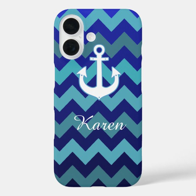 aqua blue zig-zag stripes, anchor & name Case-Mate iPhone case (Back)