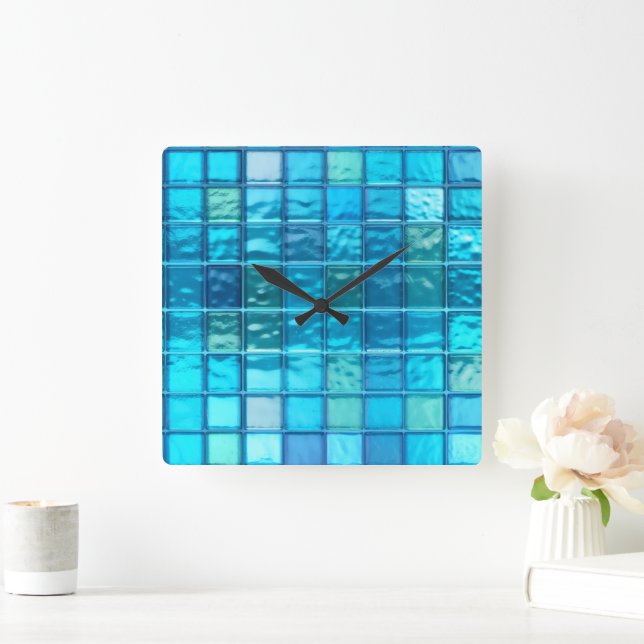 Aqua Blues Translucent Tiled-Look Acrylic  Square Wall Clock (Home)