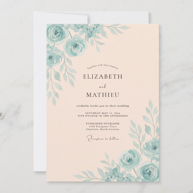 Aqua Blush Champagne Painted Wedding Invitation (Front)