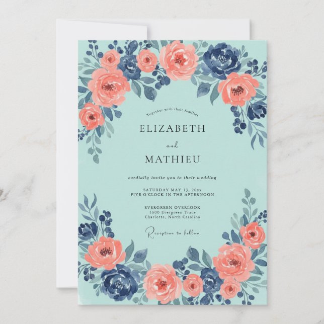 Aqua Blush Coral Peony Wedding Invitation (Front)