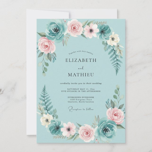 Aqua Blush Foliage Eucalyptus Wedding Invitation (Front)