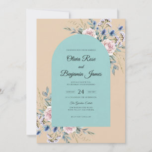 Aqua Blush Peach Watercolor Wedding Invitation
