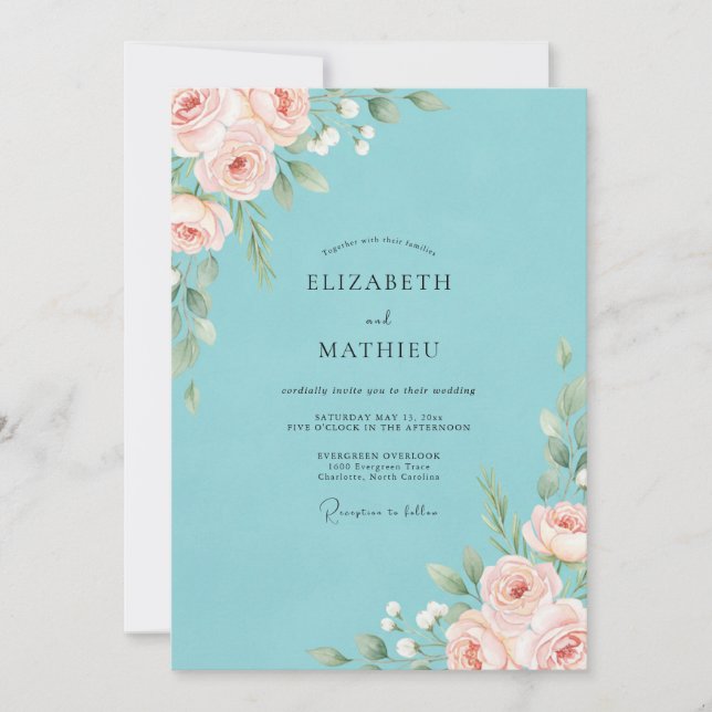 Aqua Blush Peony Wedding Invitation (Front)