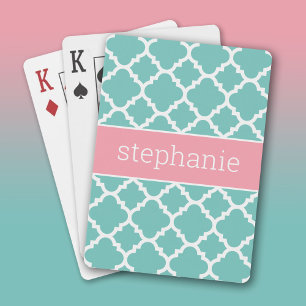 Aqua & Blush Quatrefoil Pattern Custom Name Playing Cards