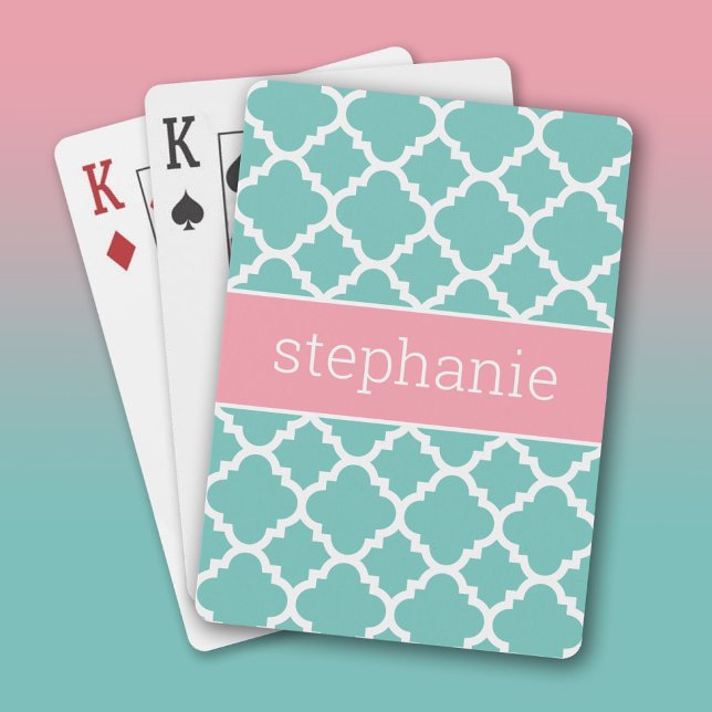 Aqua & Blush Quatrefoil Pattern Custom Name Playing Cards (Custom Playing Cards)